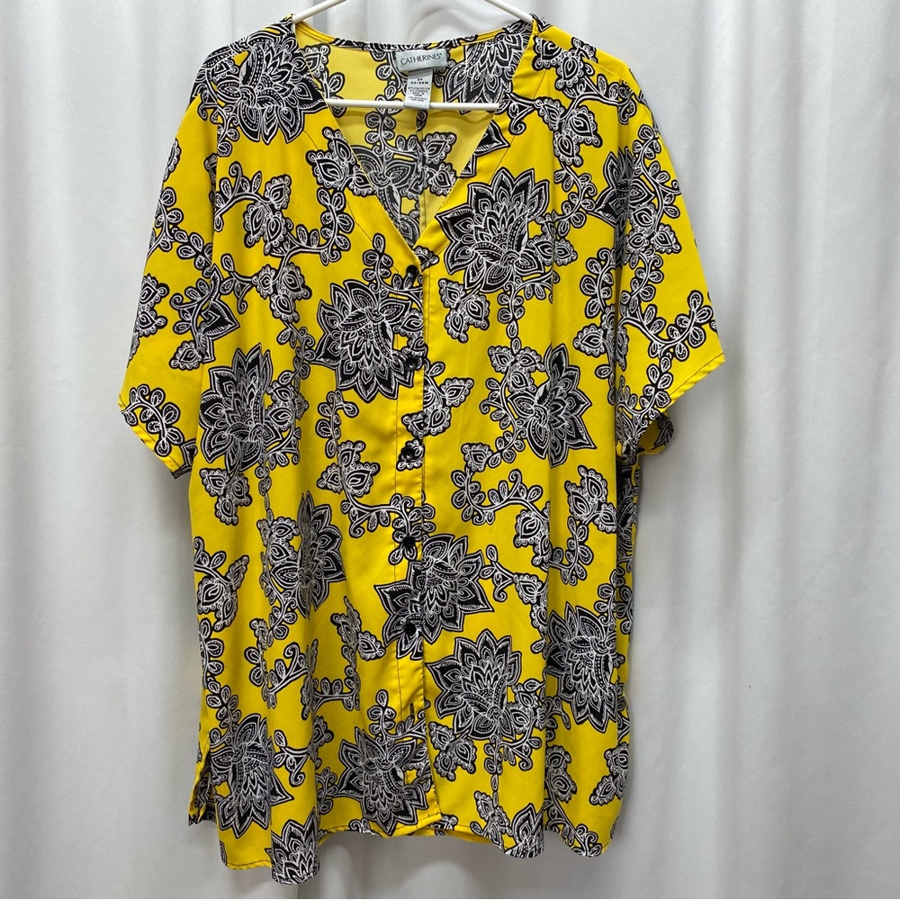 Boho size 2X womens plus size shirt yellow black button short sleeve